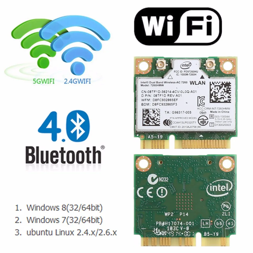 Tablet-876M Dual Band 2,4+ 5G Bluetooth V4.0 Wi-Fi Беспроводной мини-pci-express карта для Intel 7260 AC DELL 7260HMW CN-08TF1D