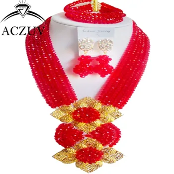 

Brand ACZUV Crystal Red African Beads Necklace Nigerian Wedding Jewelry Sets For Brides AN039