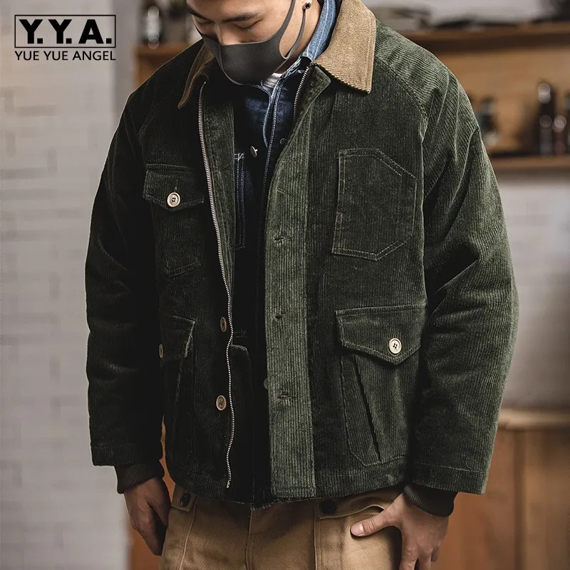 

Winter High Quality Men Warm Padded Corduroy Jacket Safari Designer Vintage Multi Pockets Coat Single Breasted Jacket Overcoat
