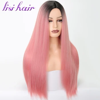 

LISI HAIR Black Ombre Blonde Pink Long Straight High Temperature Fiber Synthetic Lace Front Wigs For Women Wig 26 Inch Africa