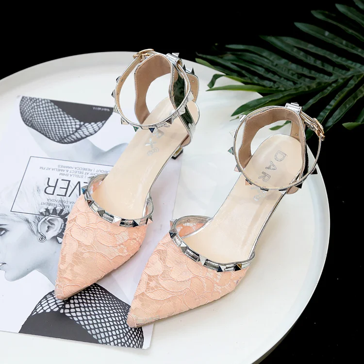 

Embroidery Rivet Women Sandals Lace Slippers Thin High Heels Summer Women Shoes Point Toe Rivet Lace Sandals Sandalias Mujer