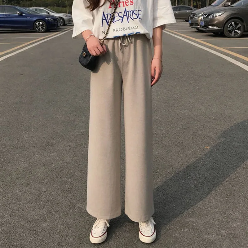 

Female Korean Ankle-Length High Waist Pants Summer Autumn Loose Wide Leg Pants Casual Solid Color Trousers