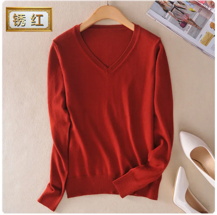 Осенняя мода женский свитер с v-образным вырезом кашемировый шерстяной свитер с v-образным вырезом однотонный тонкий сексуальный пуловер пальто женская блузка вязаный свитер - Цвет: rust red