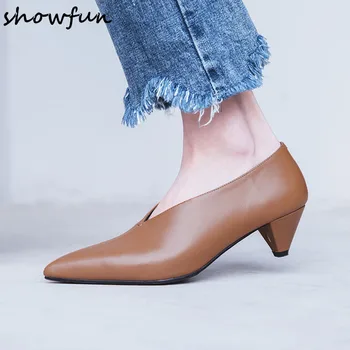 

Women's genuine leather v opening slip-on retro pumps brand designer kitten heel pointed toe spring new high heels vintage shoes