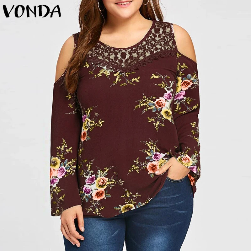 Camisetas sexis con hombros descubiertos para mujeres embarazadas 2018 blusas estampadas Casual suelta manga completa encaje empalme Tops talla grande ropa de maternidad|Blusas y camisas| -