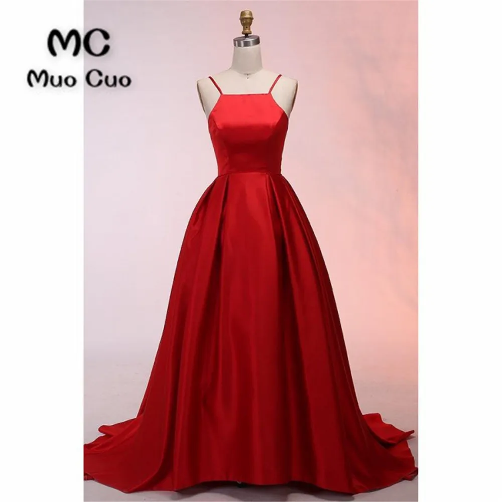 2019 вечерние платья трапециевидной формы для подростков на бретельках Vestidos de fiesta ДРАПИРОВАННОЕ до пола атласное красное вечернее платье