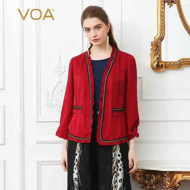 

VOA Silk Jacquard Ruffle Red Basic Slim Short Coat Spring Office Lady Jacket 2018 Plus Size Brief Solid Women Outerwear W3513