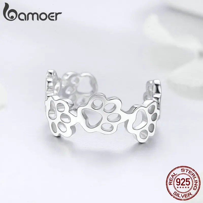 BAMOER Hot Sale 925 Sterling Silver Adjustable Cat And Dog Footprints Paw Trail Rings for Women Party Silver Jewelry SCR424
