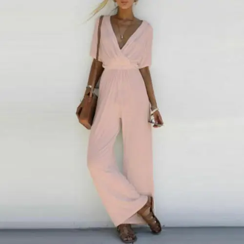 

Summer Wopmen Casual Loose Jumpsuits 2019 New Women Summer Casual Short Sleeve V-Neck High Waist Solid Jumpsuit
