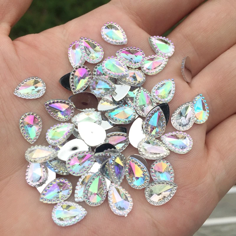 

100pcs/lot 7*10mm white AB color water drop shape flat back rhinestone wedding decoration buttons