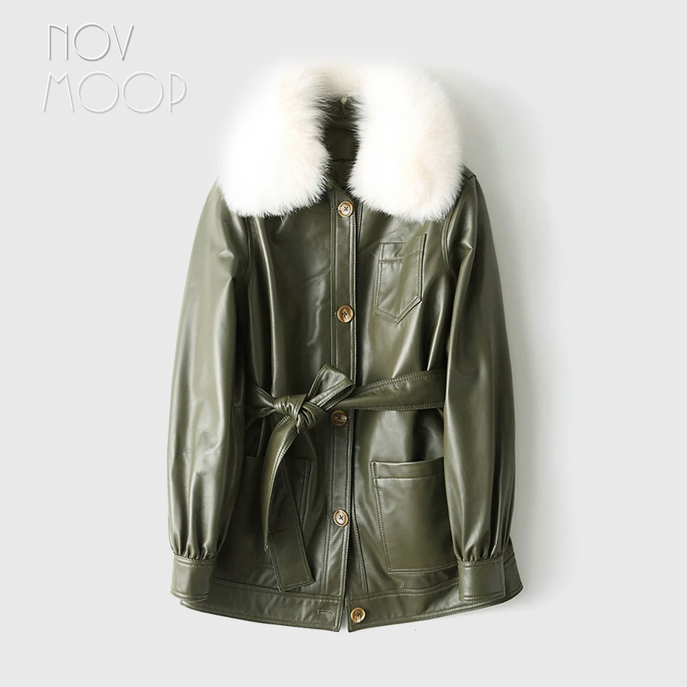 

Novmoop Vintage green style liner detachable fox fur collar sheepskin genuine leather jacket with sash campera mujer LT2799