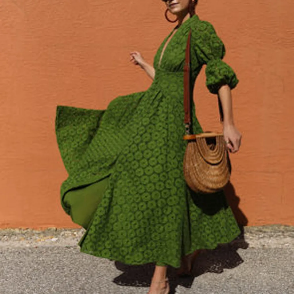 

Women's Dresses V Neck Boho Floral Medium Waist Patchwork Sexy Long Swing Long Dress vestidos verano 2019 mujer DouDouLu