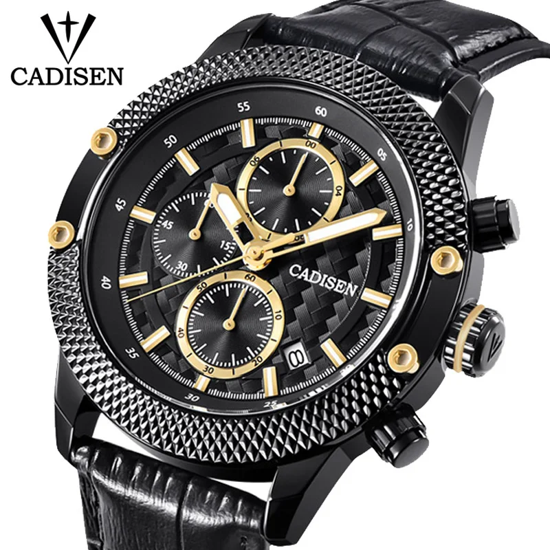 

CADISEN Luxury Watches men Quartz business clock Black Leather military Men's watch waterproof male WristWatch Relogio Masculino