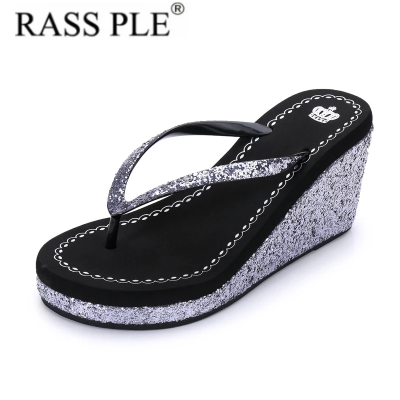 

RASS PLE 2019 Rhinestone Sandals Beach Flip Flops Summer Wedge Diamante Shoes Slip On Slides Thong Slippers Shoes Women