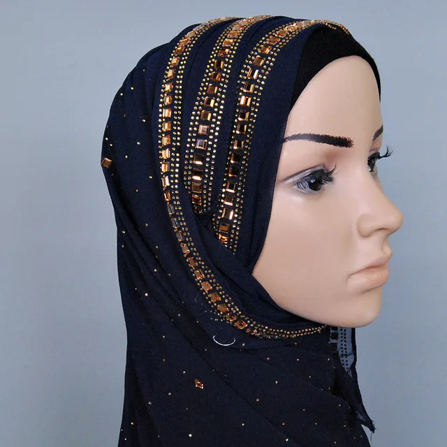 Women Muslim Islamic Hijab Head Scarves Long Rhinestone Decored Chiffon Head Wrap Shawlin Event