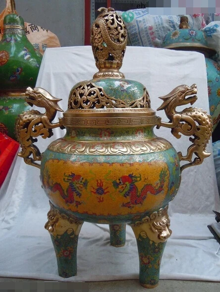

00502 30" Huge China bronze gild cloisonne finely carved dragon incense burner statues