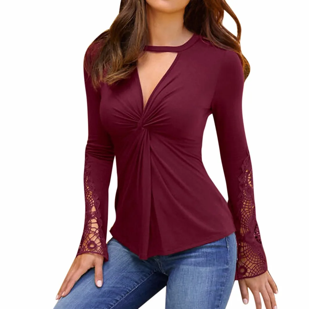 

long sleeve shirt women Ladies Casual Lace Patchwork tshirt Pullover Tops lady work clothes camisetas mujer