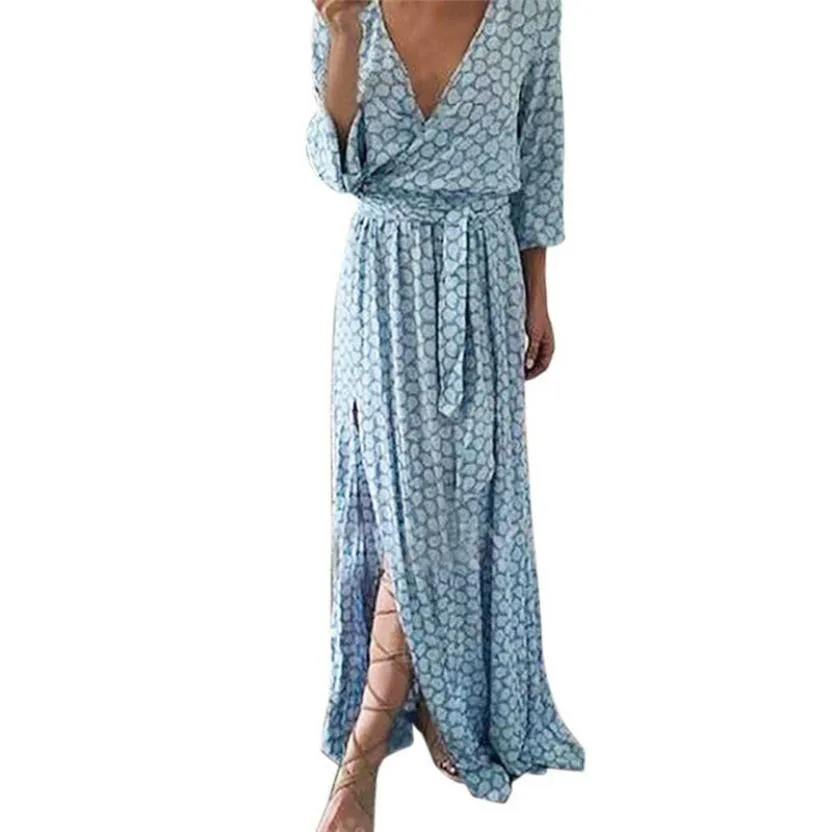 

Casual dress Women's clothing Long Sleeve summer dress V Neck Printed Long Maxi With Belt female 2JULY9