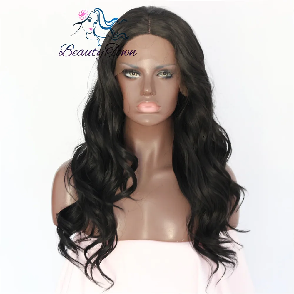 

BeautyTown Natural Wave Type Black Color Hand Tied Big Lace Part Heat Resistant Hair Synthetic Lace Front Daily Wig For Women