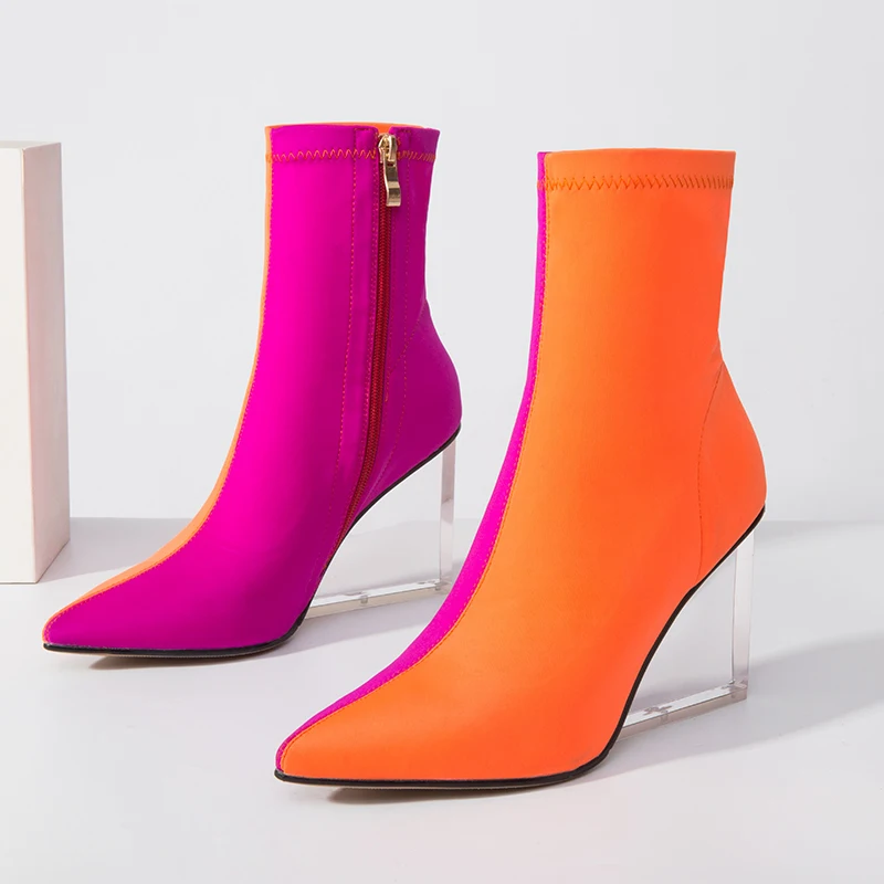 

Fashion Mixed Colors Ankle Boots Women Wedges High Heels Stetch Boots High Quality Autumn Winter Candy Colors Ladies Shoes
