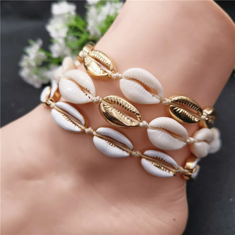 Модный ножной браслет золотистого цвета с раковиной Cowrie для женщин на ногу в