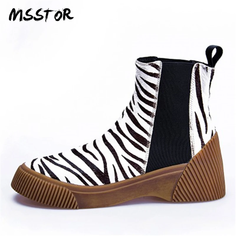 

MSSTOR Round Toe Fashion Leopard Shoes Zebra Rubber Elastic band Elegant Black Boots Women Mixed Colors Wedge Winter Ankle Boots