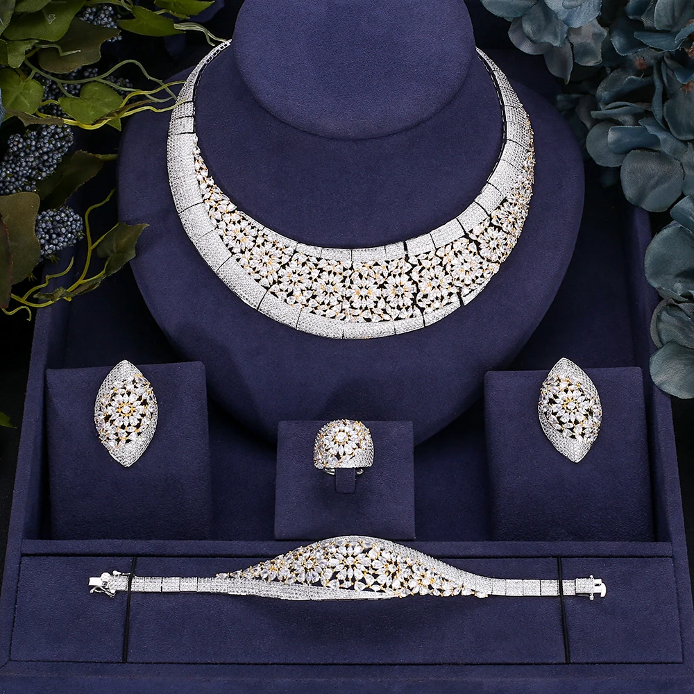 

jankelly 2 Tones 4pcs Bridal Zirconia Jewelry Sets For Women Party, Luxury Dubai Nigeria CZ Crystal Wedding Jewelry Sets
