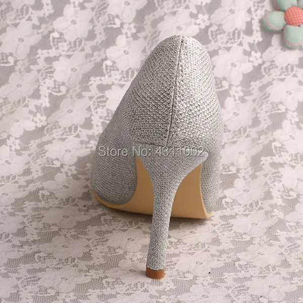 Pointed Toe High Heel Pumps Silver Shiny Fabric Women Evening Party Shoes