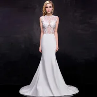 Under $70 Vestido De Noiva 2015 Sexy White/Ivory Cheap Mermaid Wedding Dresses Appliques See Through Back With Sweep Train