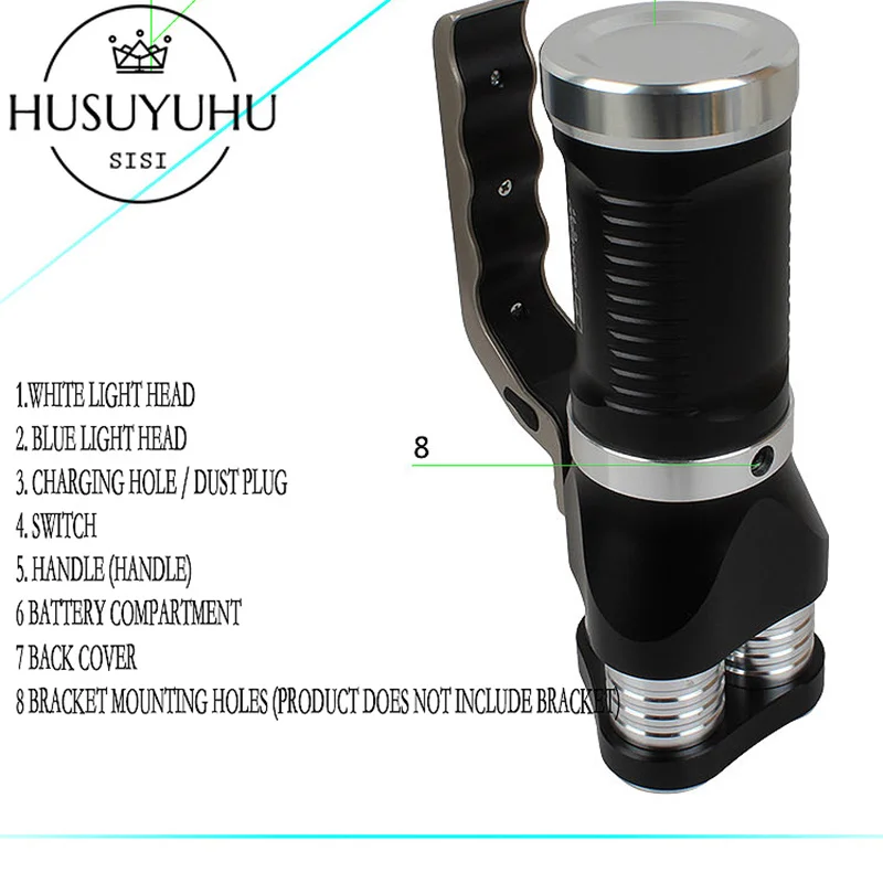 HUSUYUHU SISI ручной фонарь из алюминиевого сплава 15 Вт T6 синий светильник для рыбалки три R2 двойной светильник мощный светильник для зарядки рыбалки