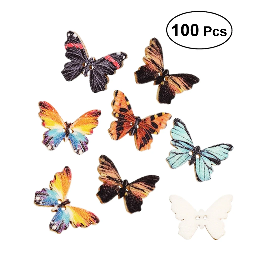 

100 Pcs Buttons Colorful Cartoon Butterfly DIY Snaps Wooden Snaps Wooden Buttons for Scrapbook Craft Kniting Sewing