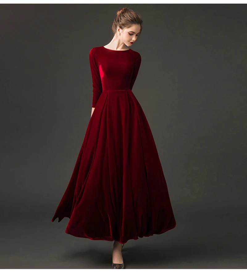 Винтажное велюровое Бордовое платье до щиколотки с глубоким вырезом Vestidos De Festa