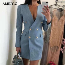 Amily. c осень новая женская тонкая синяя куртка сексуальная глубокий v-образный вырез двубортная с длинным рукавом Кнопка модная женская куртка