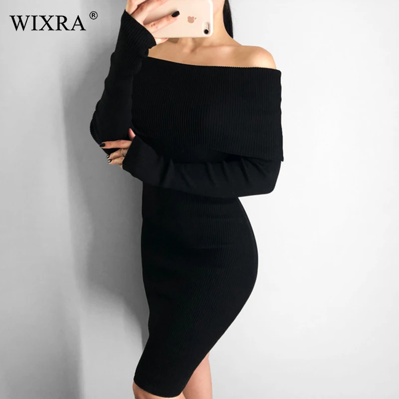 WIXRA 2018 осеннее и зимнее женское Новое вязанное платье миди с открытыми плечами