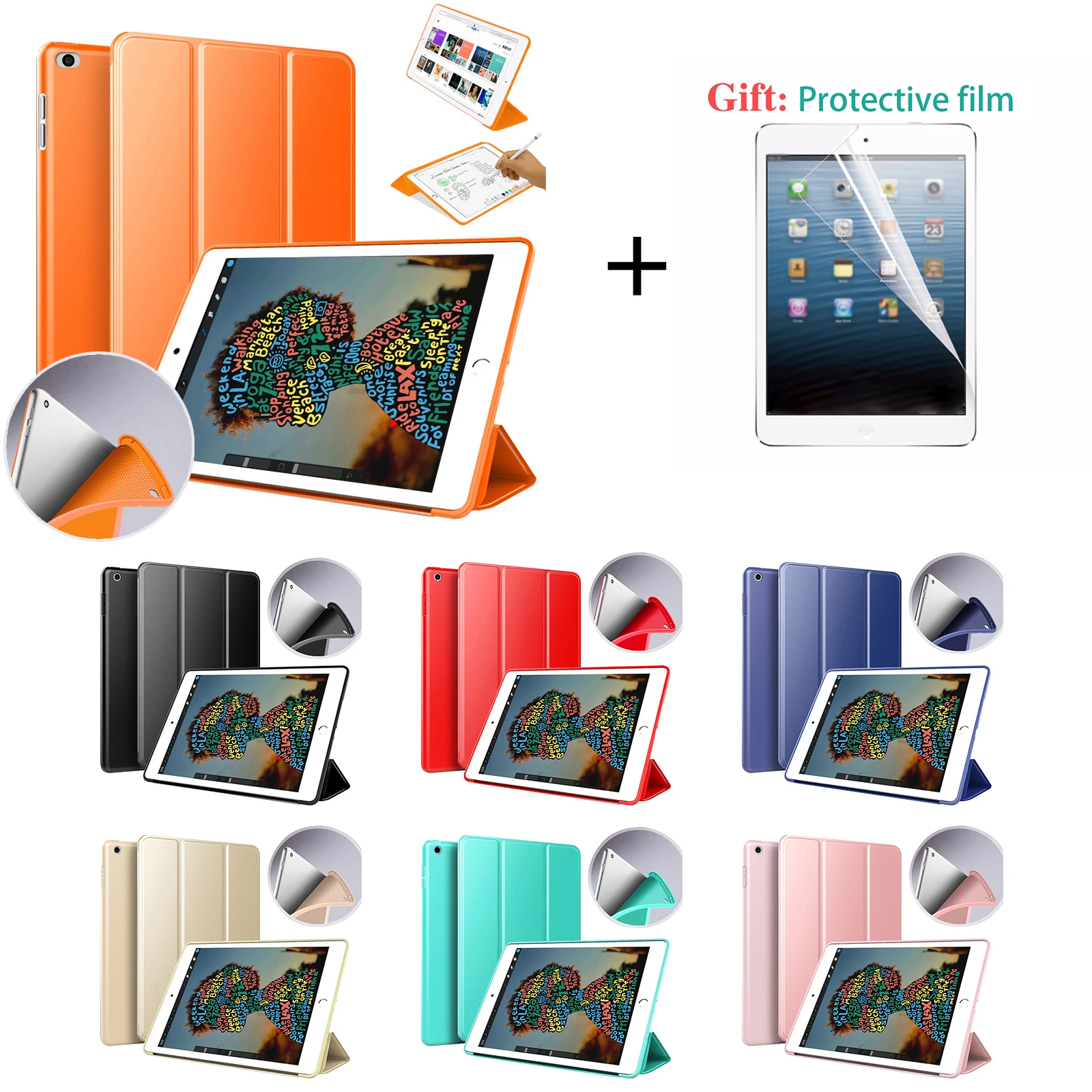 

For New iPad Mini 5 Case Folio PU Leather Back Stand up Smart Cover For iPad Mini 5 2019 Auto Sleep/Wake+Screen Protector