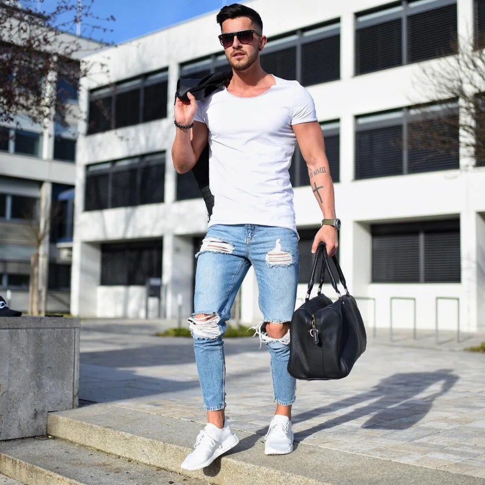 

New arrival Men Ripped holes Denim jeans 2019 skinny blue Jean Trousers for Man Boys with Pleated Washed hiphop jeans men pants
