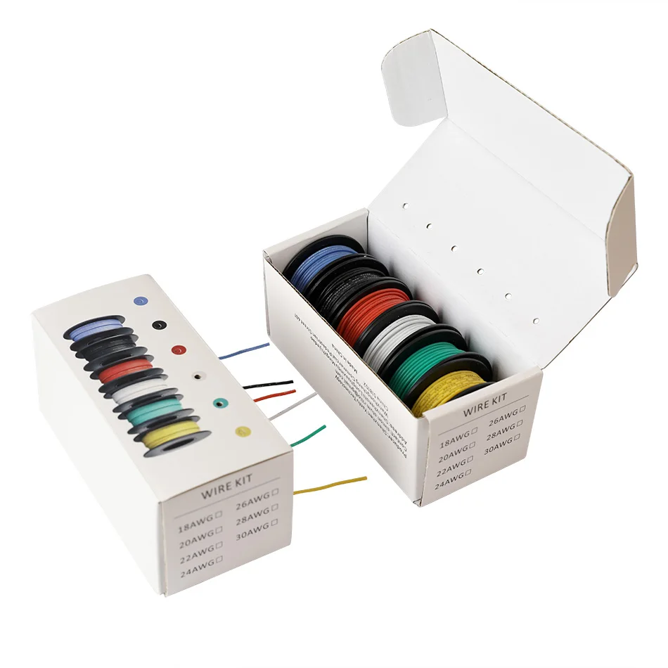 유연한 실리콘 전선, 고무 절연 주석 도금 구리, 54 m/box, 177ft 훅업 연선, 22 AWG UL3132, 300V, 6 가지 색상