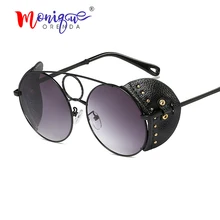 Винтажная мода стимпанк Стиль Круглые Солнцезащитные очки женские кожаные боковой щит фирменный дизайн солнцезащитные очки мужские оттенки oculos de sol