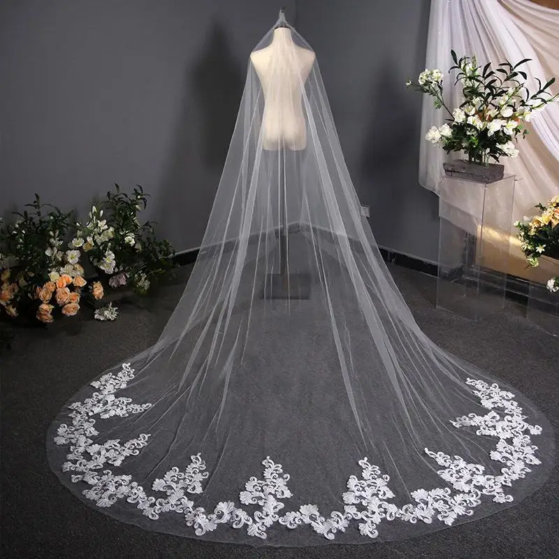 One Layer Lace Edge Ivory Cathedral Wedding Veil With Comb Long Bridal Veils Applique Wedding Accessories voile mariage