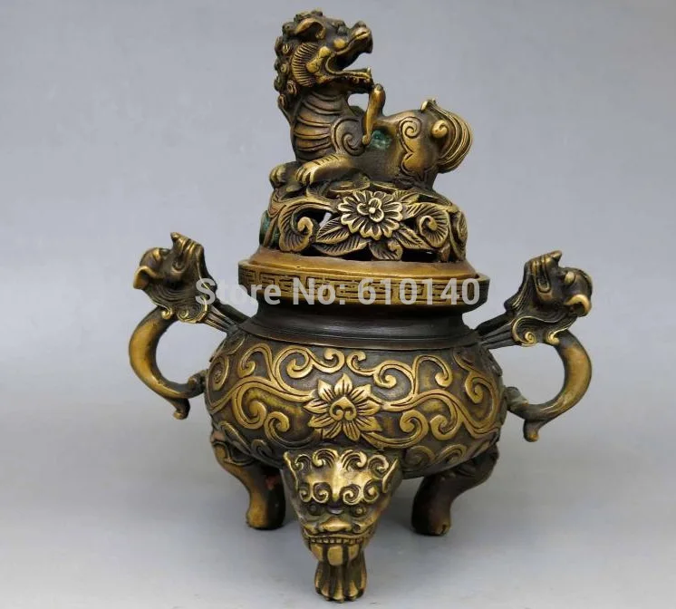 

8" China brass copper carved Foo Dogs Lion dragon Incense burner censer Statue