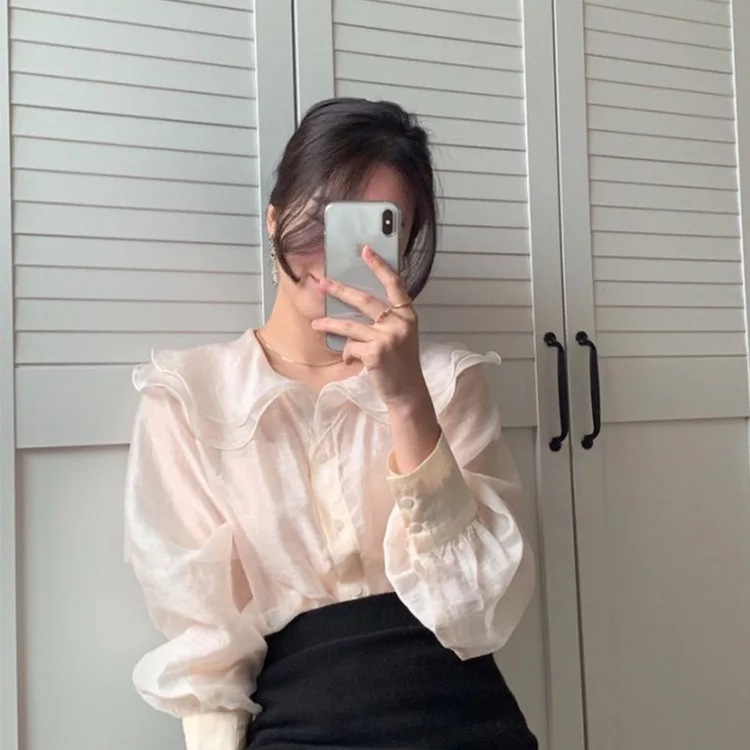 

2019 Early Spring New Korea Recommended Double Layer Lotus Leaf Wave-edge Big Turntie with Two Black Shirts Women