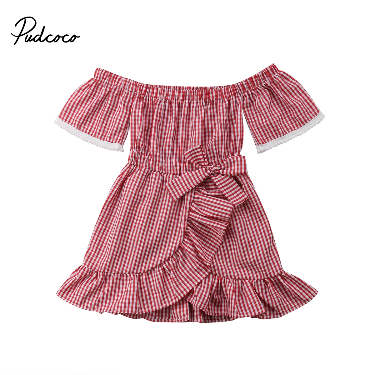 

Summer Off shoulder Red Plaid Toddler Kids Baby Girl Princess Ruffles Mini Dress Sundress Clothes 1-5Y