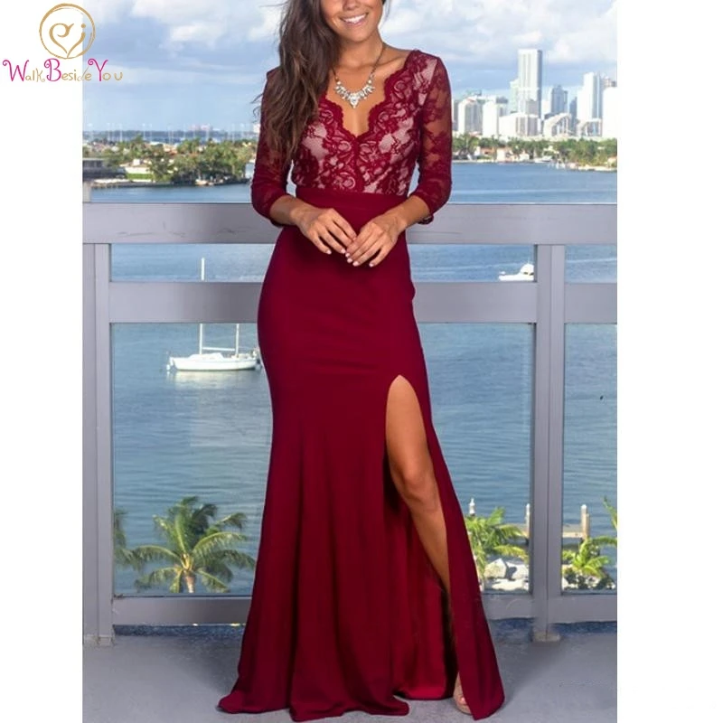 

Burgundy Evening Dress 2019 Sexy Slit Leg Mermaid Deep V-neck Three Quarter Sleeve Floor Length Elastic Satin Backless Prom Gown