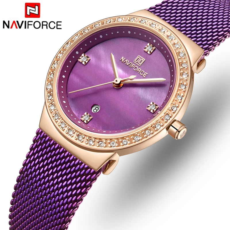Женские часы NAVIFORCE, роскошные Брендовые женские Модные фиолетовые часы, женские простые водонепроницаемые кварцевые наручные часы из нержавеющей стали