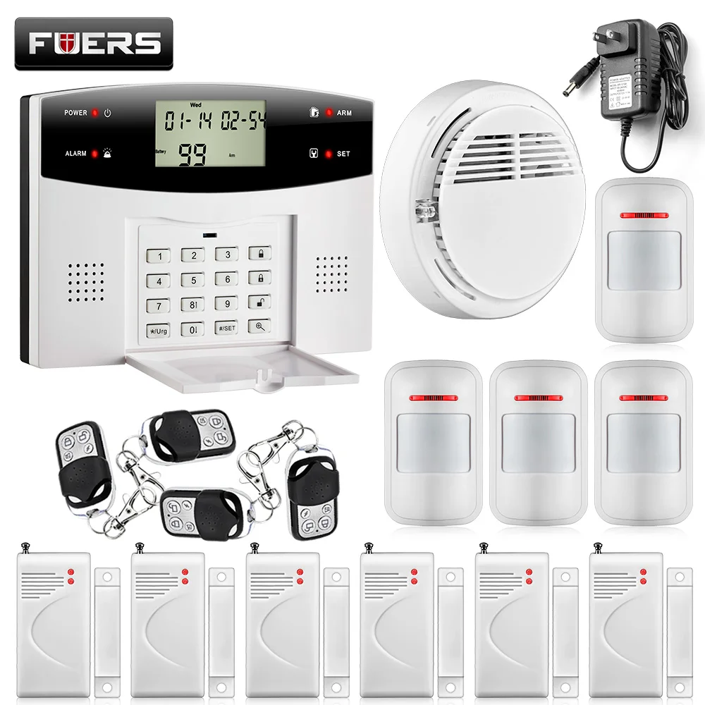 online 433 mhz dual rede GSM PSTN Assaltante Segurança SMS Casa Sistema de Alarme de incêndio Detector de fumaça + porta kit Sensor de janela de Controle Remoto