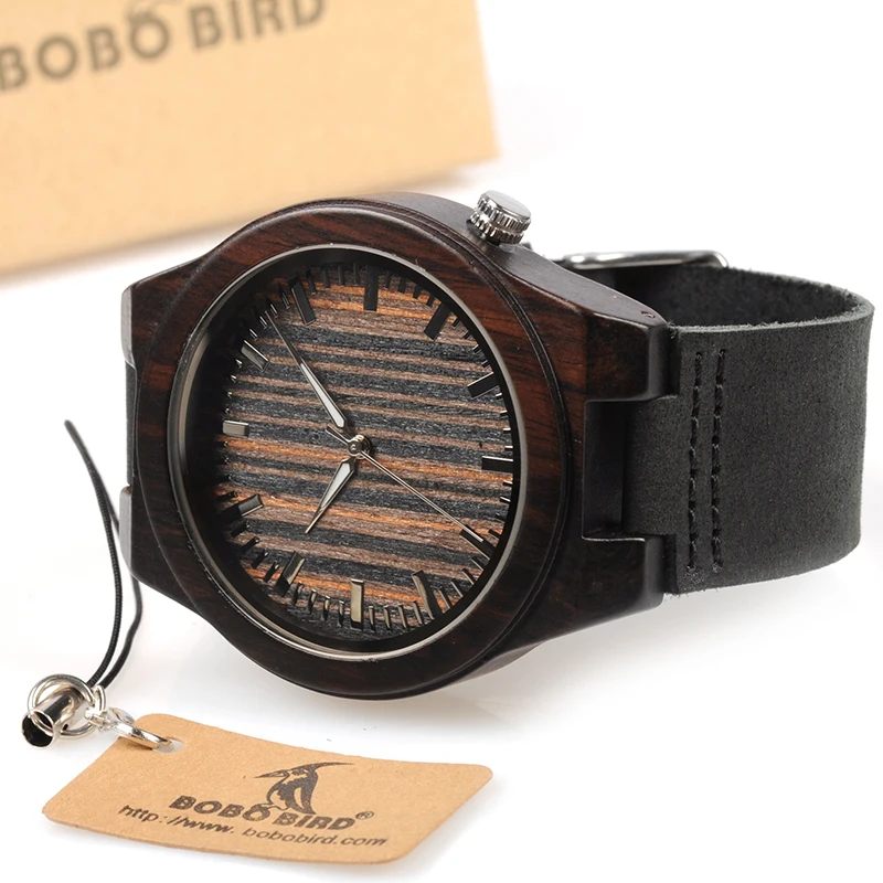 BOBO BIRD WB13 Ebony Wooden Watch Cool Lug on 4 O'Clock Wood Dial Face Leather Band Watches for Men
