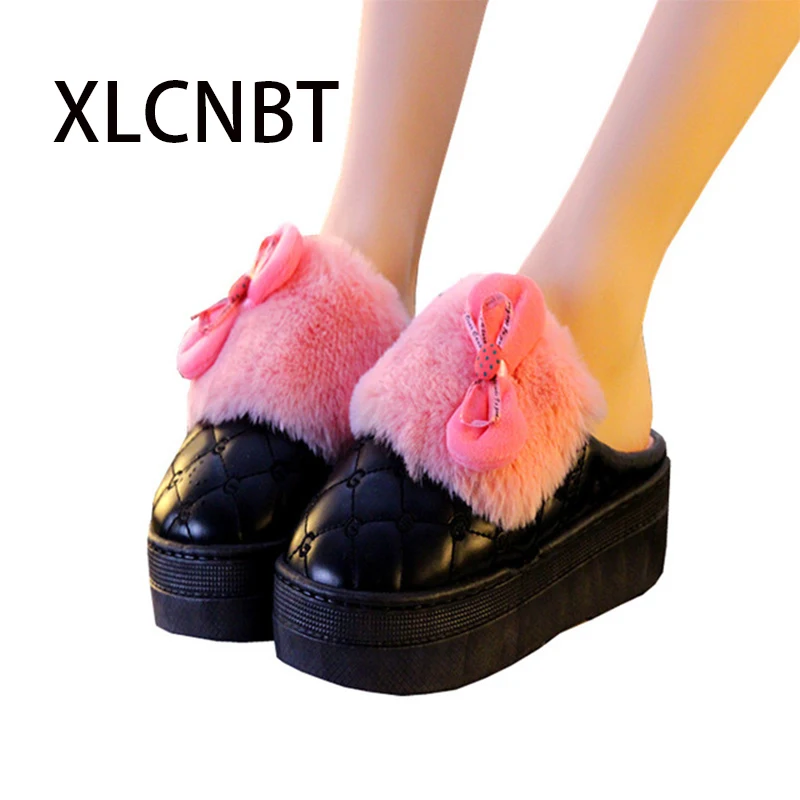 

Winter female cute slipper waterproof cartoon thick-soled cotton slippers home ladies wedges non-slip month slippers high heel