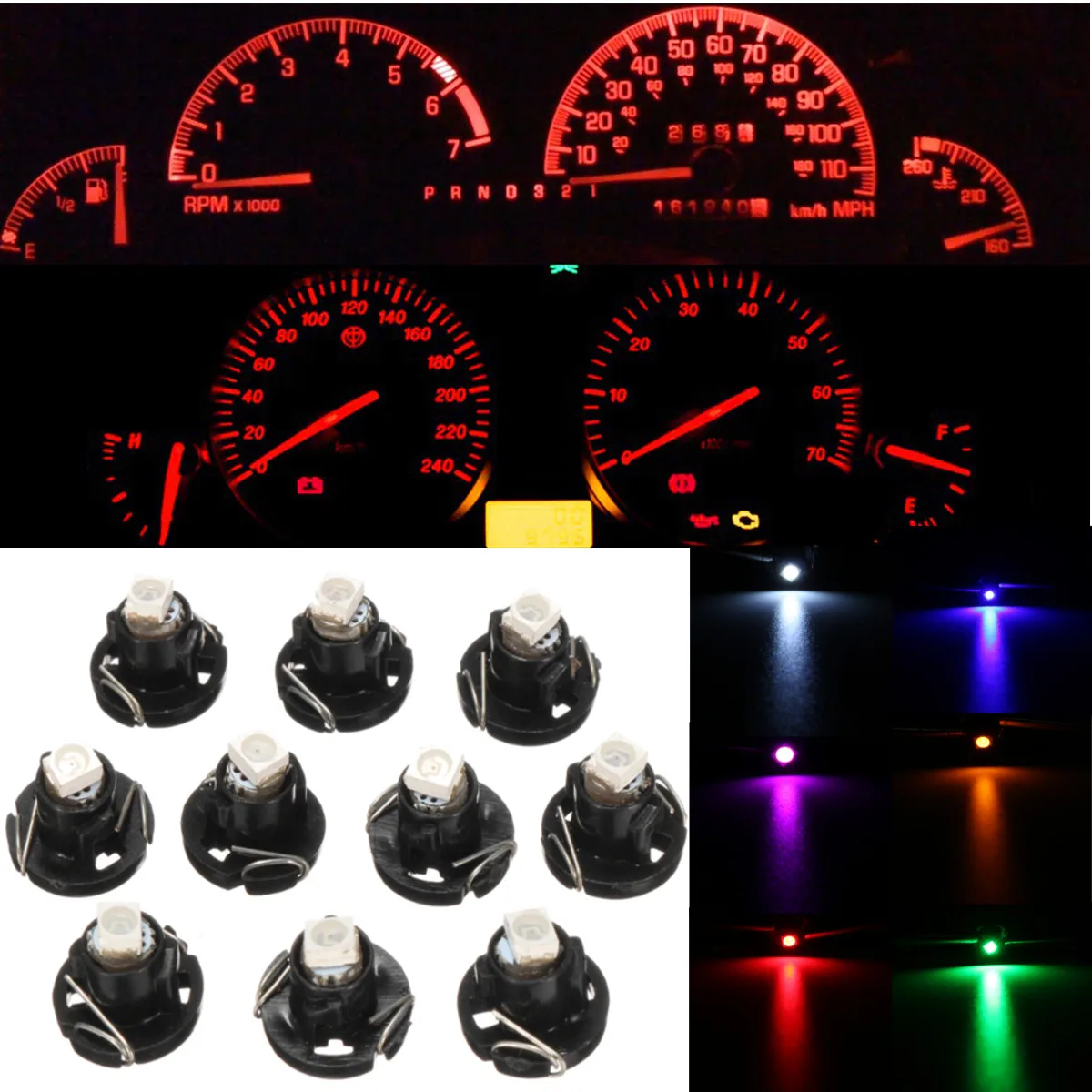 

10pcs T4 T4.2 Car Neo Wedge 1-SMD LED Cluster Instrument Dash Bulbs Light for Car Boat RGB Color 12-24V