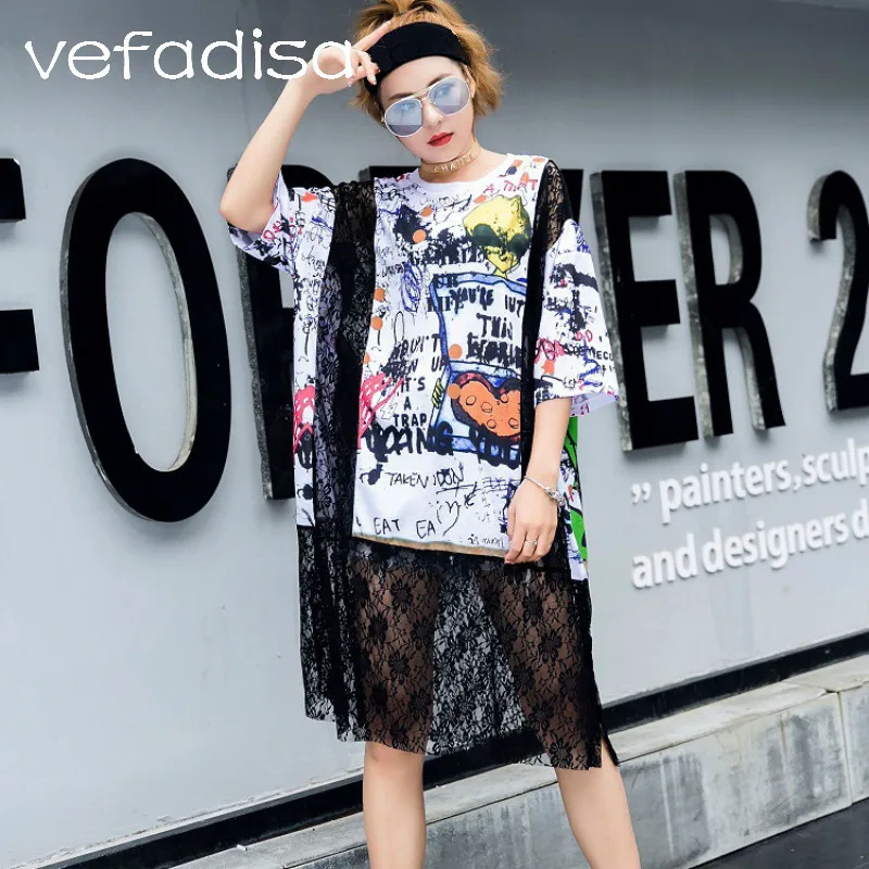 

Vefadisa Summer Clothes 2018 Lace Patchwork Shirt for Women Short Sleeve Black T Shirt Tops and Tees Print Long Shirt AD1934