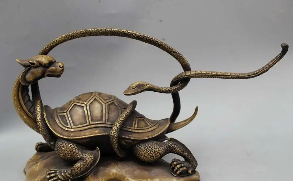 

14" Chinese Feng Shui Pure Bronze Lucky Snake tortoise Turtle basaltic Statue